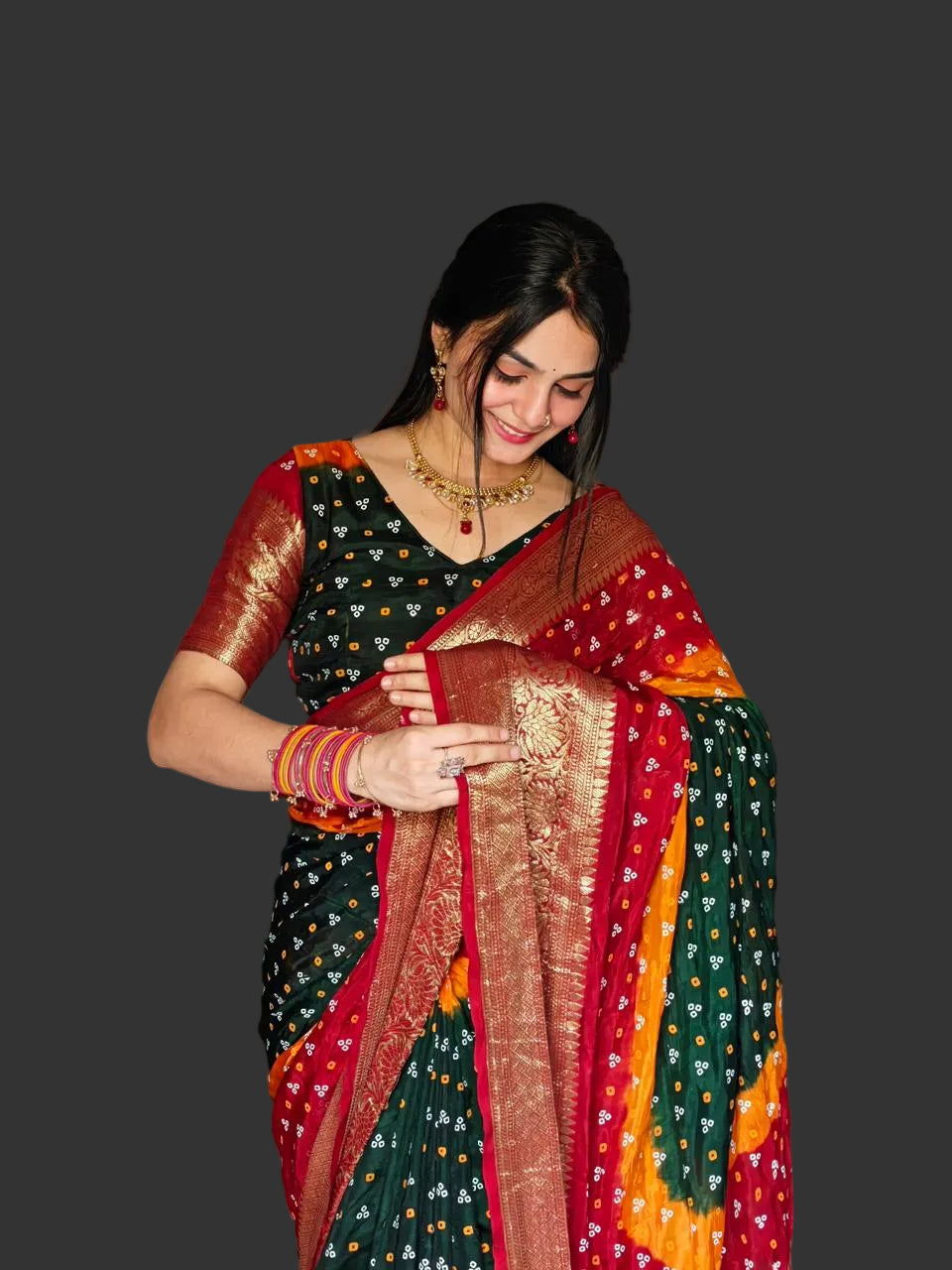 Multi Color Soft Kanjivaram Bandhani Cotton Silk Saree with Hand-Dyed Print | Traditional Festive & Party Wear with Matching Blouse