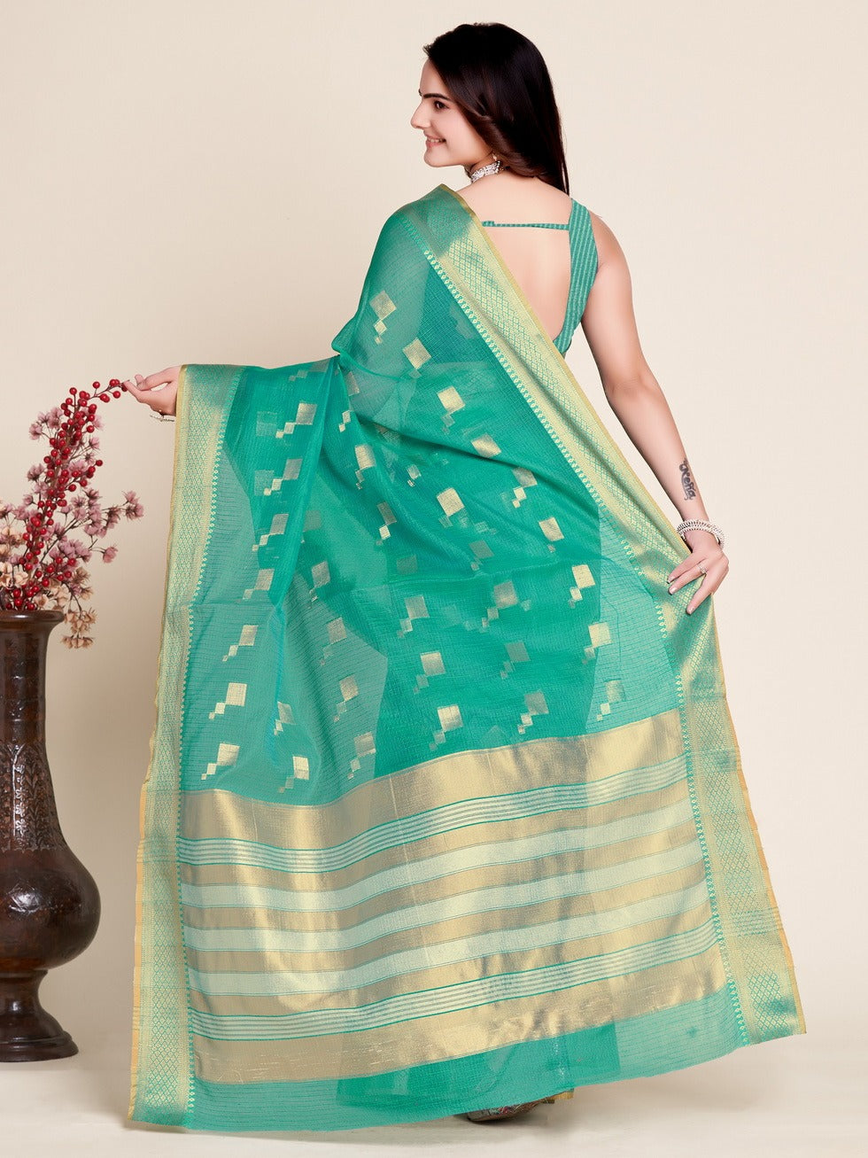 Rama Green Kota Doriya Saree with Zari Weaving Work | Elegant Traditional, Festive & Party Wear with Matching Blouse
