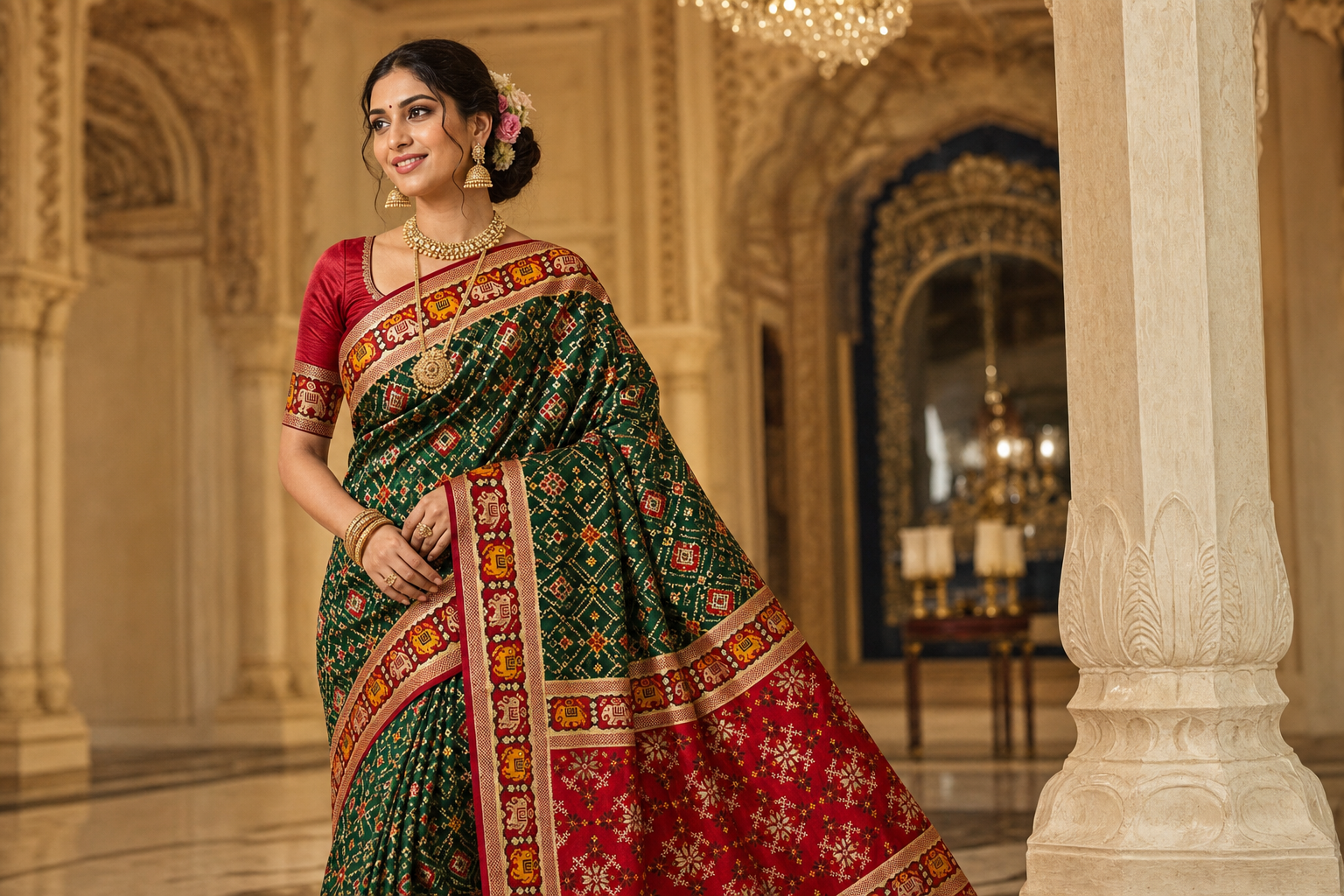 Green & Red Patola Silk Saree with Meena Zari Weaving Work | Traditional Wedding & Festive Wear with Matching Blouse