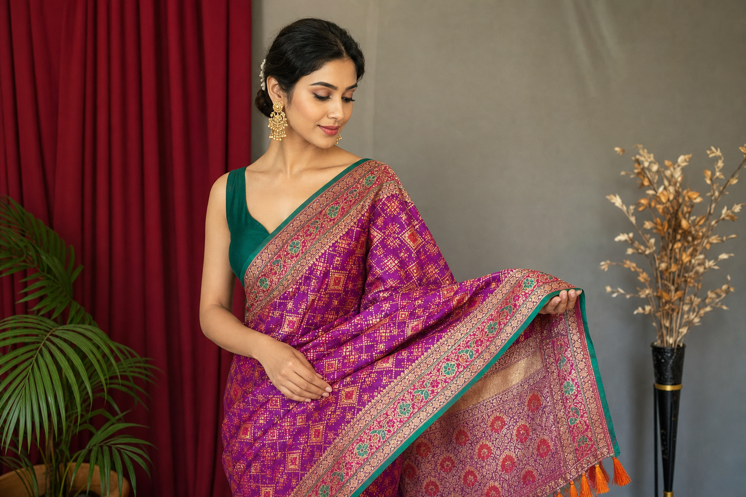 Purple Patola Silk Woven Saree with Matching Blouse Piece