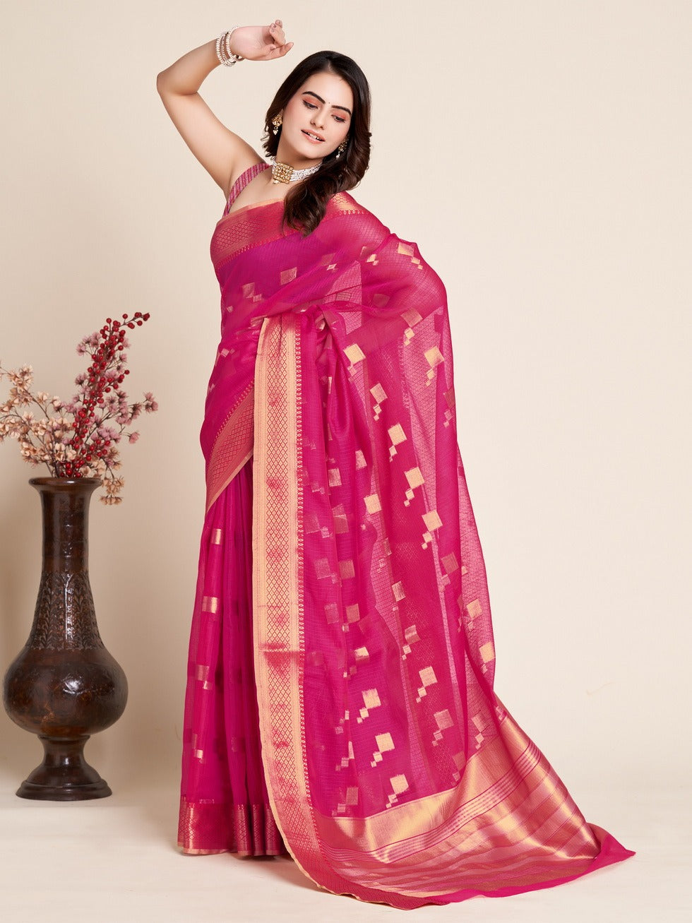 Rani Pink Kota Doriya Saree with Zari Weaving Work | Elegant Traditional, Festive & Party Wear with Matching Blouse