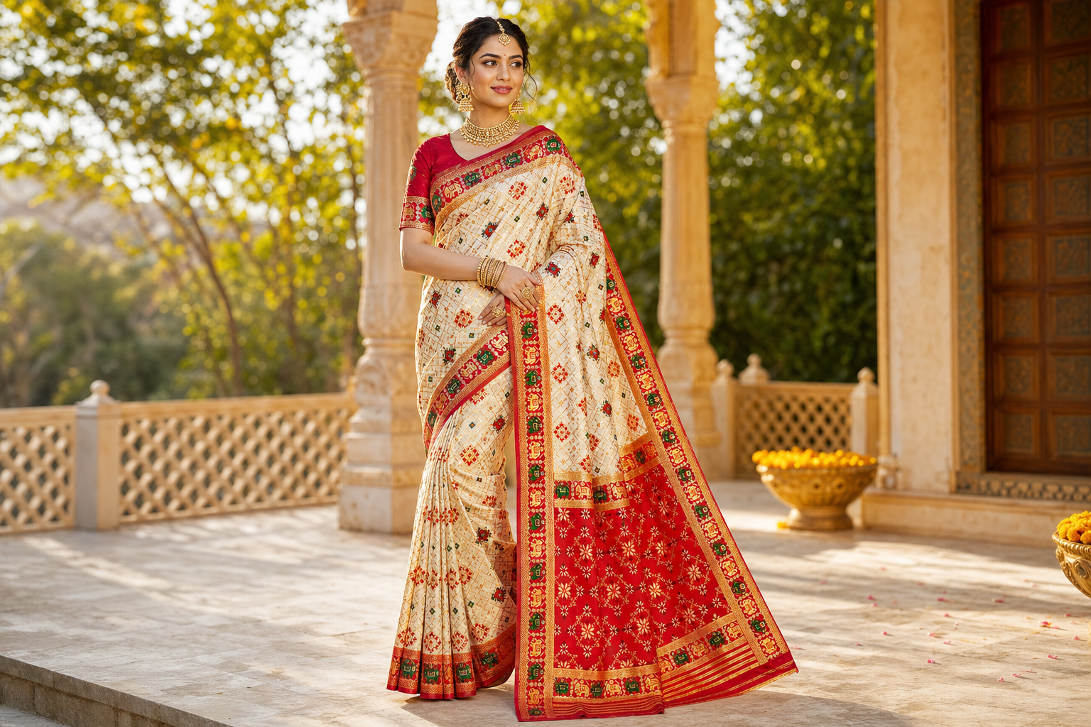 White & Red Patola Silk Saree with Meena Zari Weaving Work | Traditional Wedding & Festive Wear with Matching Blouse