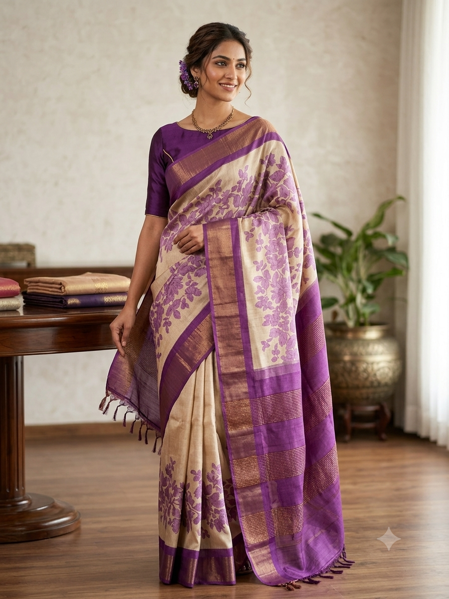 Pure Handloom Tussar Silk Saree with Hand Block Print & Digital Design | Silk Mark Certified
