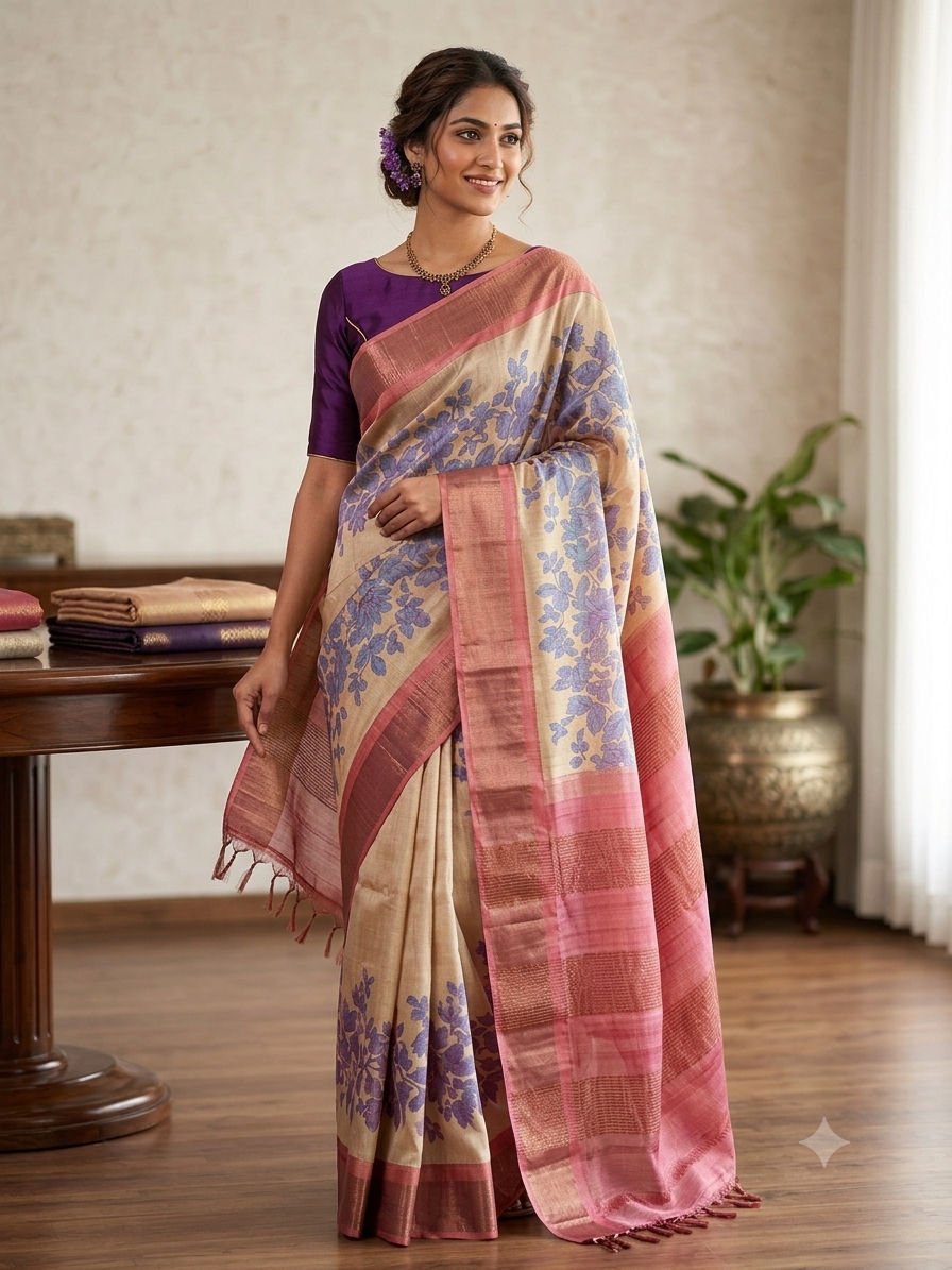 Pure Handloom Tussar Silk Saree with Hand Block Print & Digital Design | Silk Mark Certified