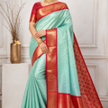 Special Tissue Wedding Silk Saree – Mint Green & Red with Gold Zari Border