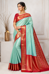 Special Tissue Wedding Silk Saree – Mint Green & Red with Gold Zari Border