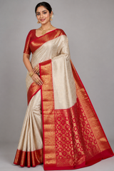 Special Tissue Wedding Silk Saree – Cream & Red with Traditional Gold Zari