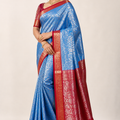 Special Tissue Wedding Silk Saree – Royal Blue & Red with Gold Zari Border