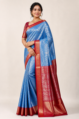 Special Tissue Wedding Silk Saree – Royal Blue & Red with Gold Zari Border