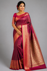 Special Tissue Wedding Silk Saree – Magenta Wine with Heavy Gold Zari Pallu