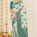Special Tissue Wedding Silk Saree – Cream & Teal Leaf Motif with Gold Zari Border