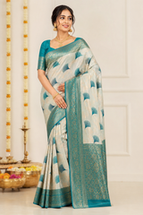 Special Tissue Wedding Silk Saree – Cream & Teal Leaf Motif with Gold Zari Border