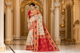 White & Red Patola Silk Saree with Meena Zari Weaving Work | Traditional Wedding & Festive Wear with Matching Blouse